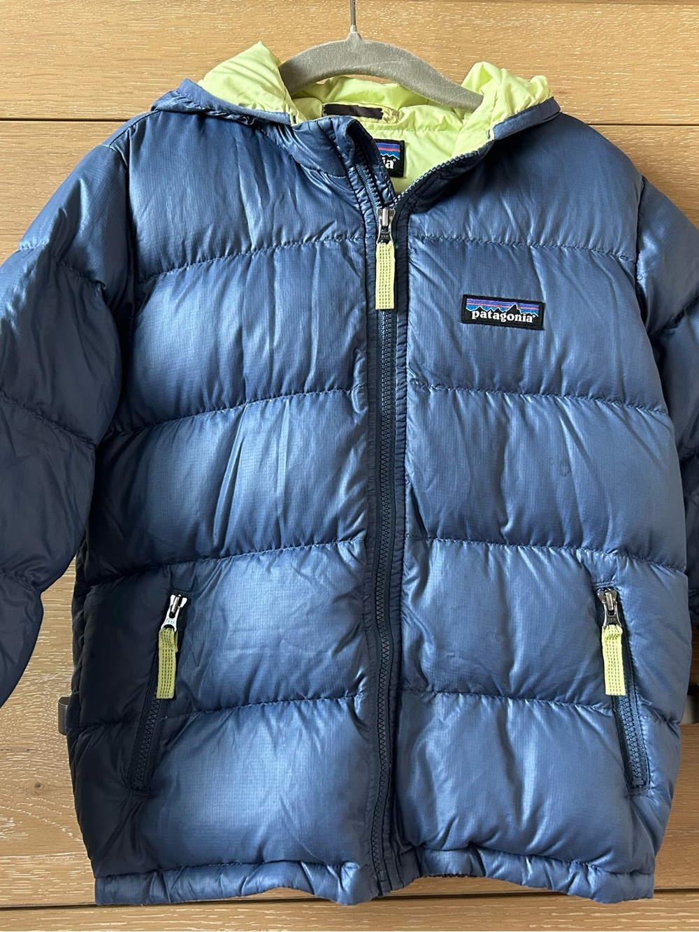 Patagonia Kids Navy Puffer Jacket with Neon Lime Accents
